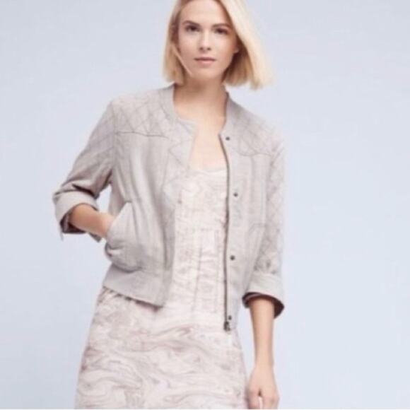 HEI HEI anthropologie Linen Blend bomber Zip up Front Jacket Beige boho L women - Picture 1 of 11